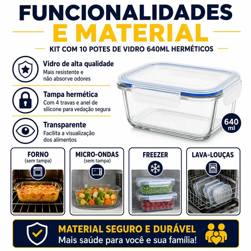 Pote de vidro 640ml com tampa de 4 travas, forno, micro-ondas, freezer e lava-louças