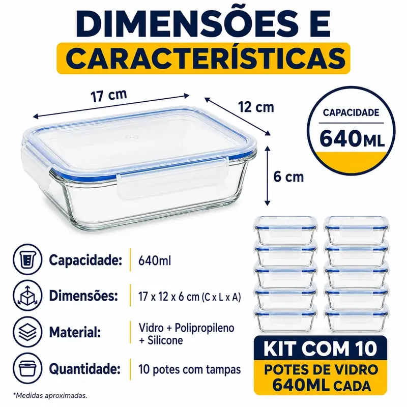 Dimensões do pote de vidro 640ml: 17 x 12 x 6 cm